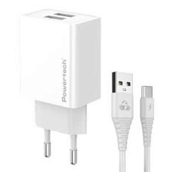 POWERTECH φορτιστής τοίχου PT-1324 με καλώδιo USB-C, 2x USB, 12W, λευκός