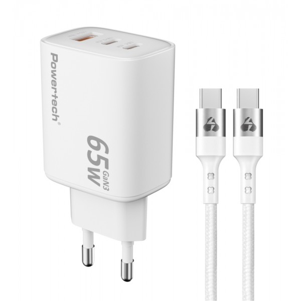 POWERTECH φορτιστής τοίχου PT-1415 με καλώδιο, USB/2x USB-C, 65W, GaN, λευκός